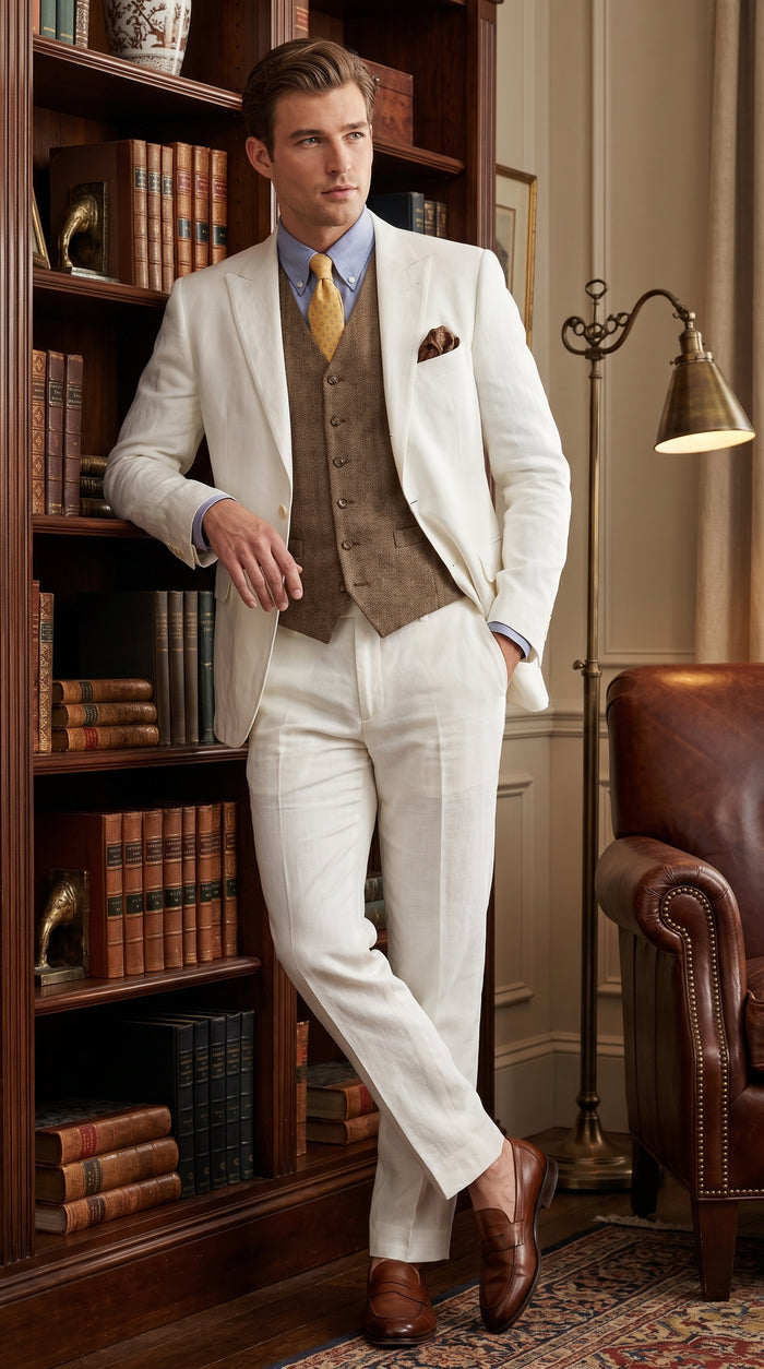 Men’s Off White Great Gatsby 3 Piece Suit, Vintage Wedding Prom Formal Vested Suit Set Modern Fit