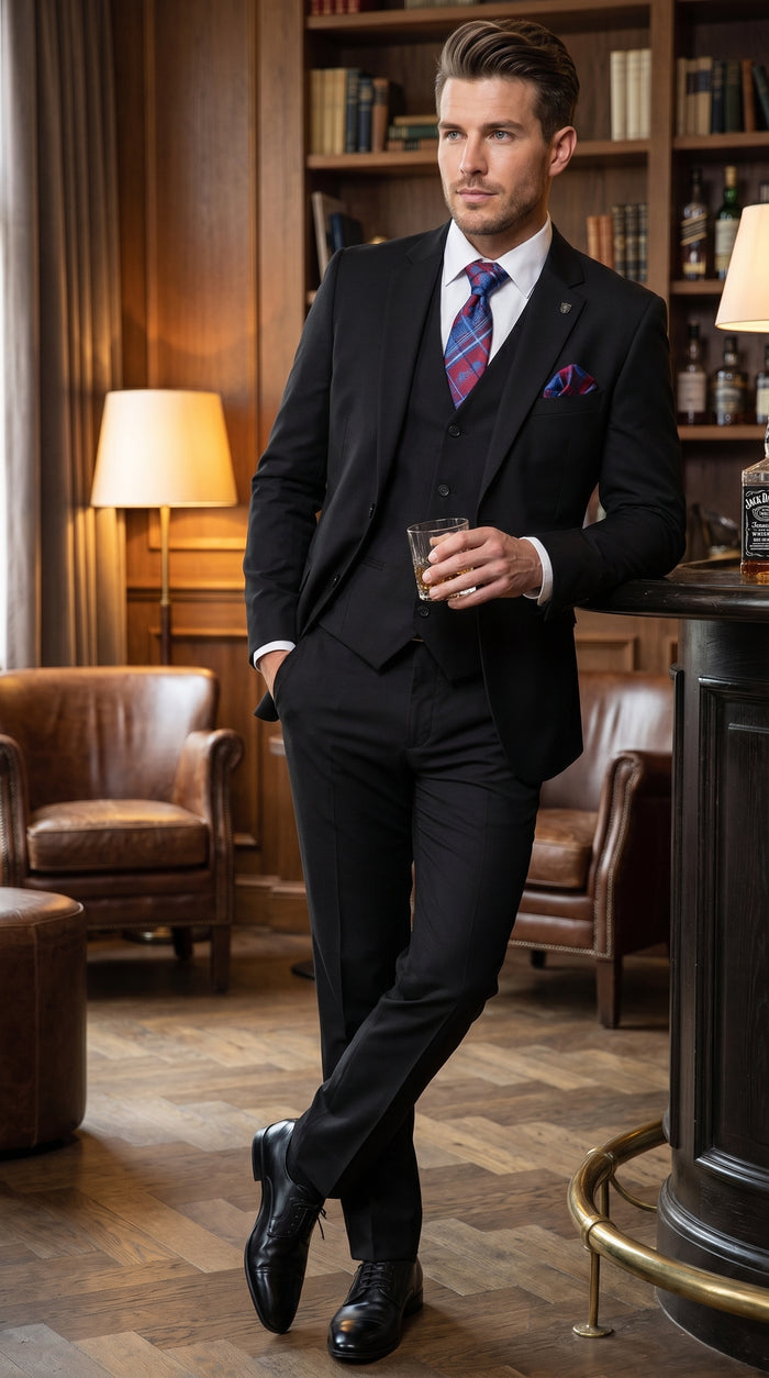 Men’s Black 3 Piece 2 Button Suit, Vested Formal Wedding Business Dress Suit Set