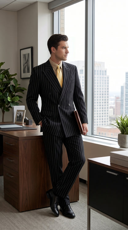 Men’s Black Pinstripe Double Breasted Suit, Super 120s Acrylic Rayon Formal Dress Suit Modern Fit