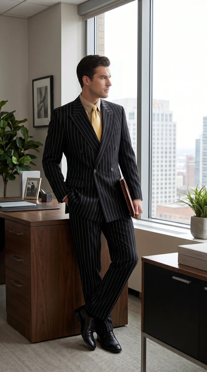 Men’s Black Pinstripe Double Breasted Suit, Super 120s Acrylic Rayon Formal Dress Suit Modern Fit