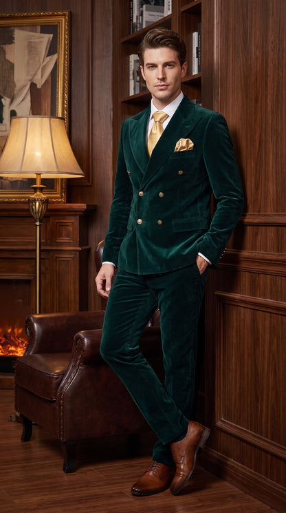 Men’s Rossi Man Zeus Emerald Green Velvet Double Breasted Tuxedo Suit, Formal Wedding Prom Dinner Suit