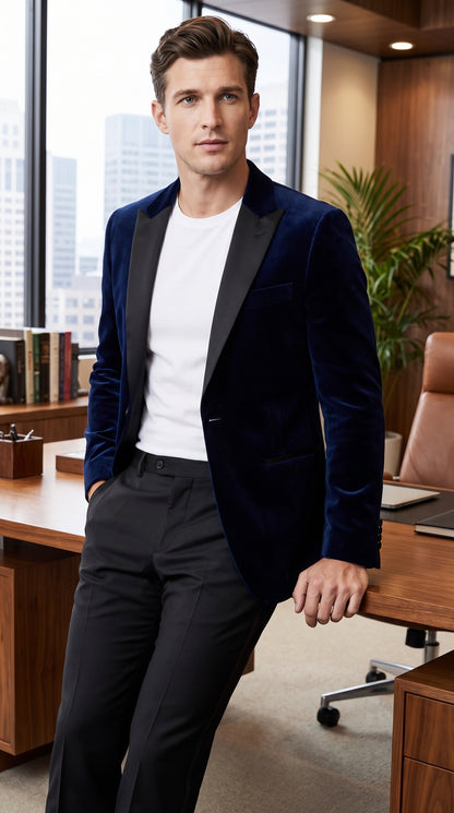 Men’s Navy Blue Velvet Tuxedo Jacket with Black Satin Lapel, Formal Sport Coat Dinner Blazer