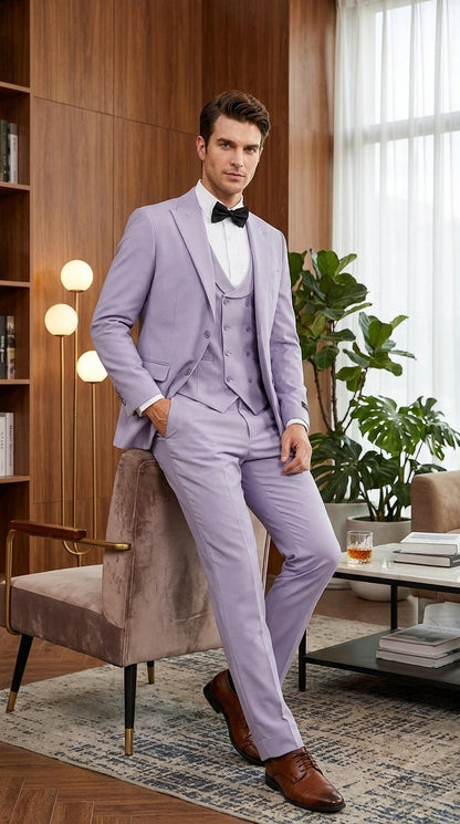Men’s Lavender Modern Fit 3 Piece Suit, Two Button Vested Peak Lapel Graduation Wedding Prom Suit