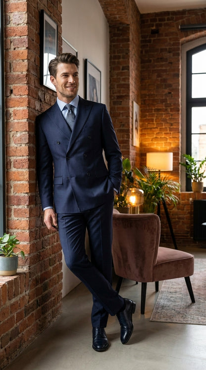 Men’s Navy Double Breasted Wool Suit, Peak Lapel Side Vent Jacket with Pleated Pants
