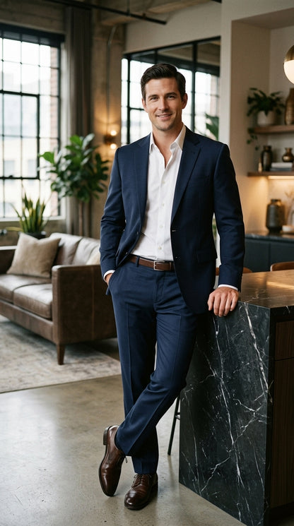 Men’s Navy Blue Big and Tall 2 Button Suit, Solid Plus Size Formal Wedding Business Suit