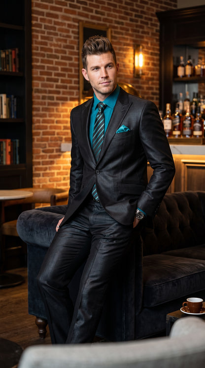 Men’s Black Sharkskin 1 Button Suit, Modern Fit Peak Lapel Wool Blend Formal Dress Suit