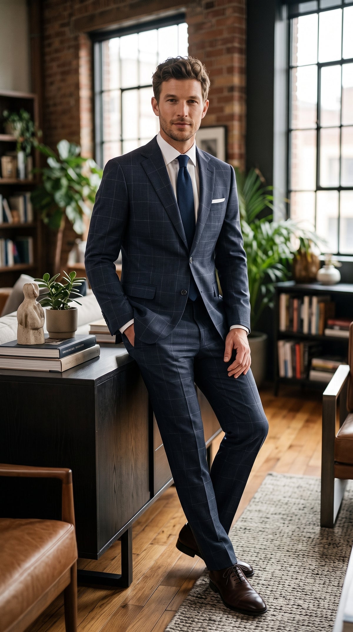 Statement Men’s Navy Windowpane 2 Piece Wool Suit, Modern Fit Super 200s Formal Business Suit