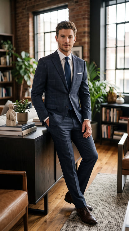 Statement Men’s Navy Windowpane 2 Piece Wool Suit, Modern Fit Super 200s Formal Business Suit