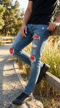 Men’s PX Indigo Denim Jeans with Quilted Red Patches, Distressed Slim Fit Fashion Jeans