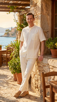 Men’s White Banded Collar 2 Piece Linen Walking Suit, Short Sleeve Shirt and Pants Set