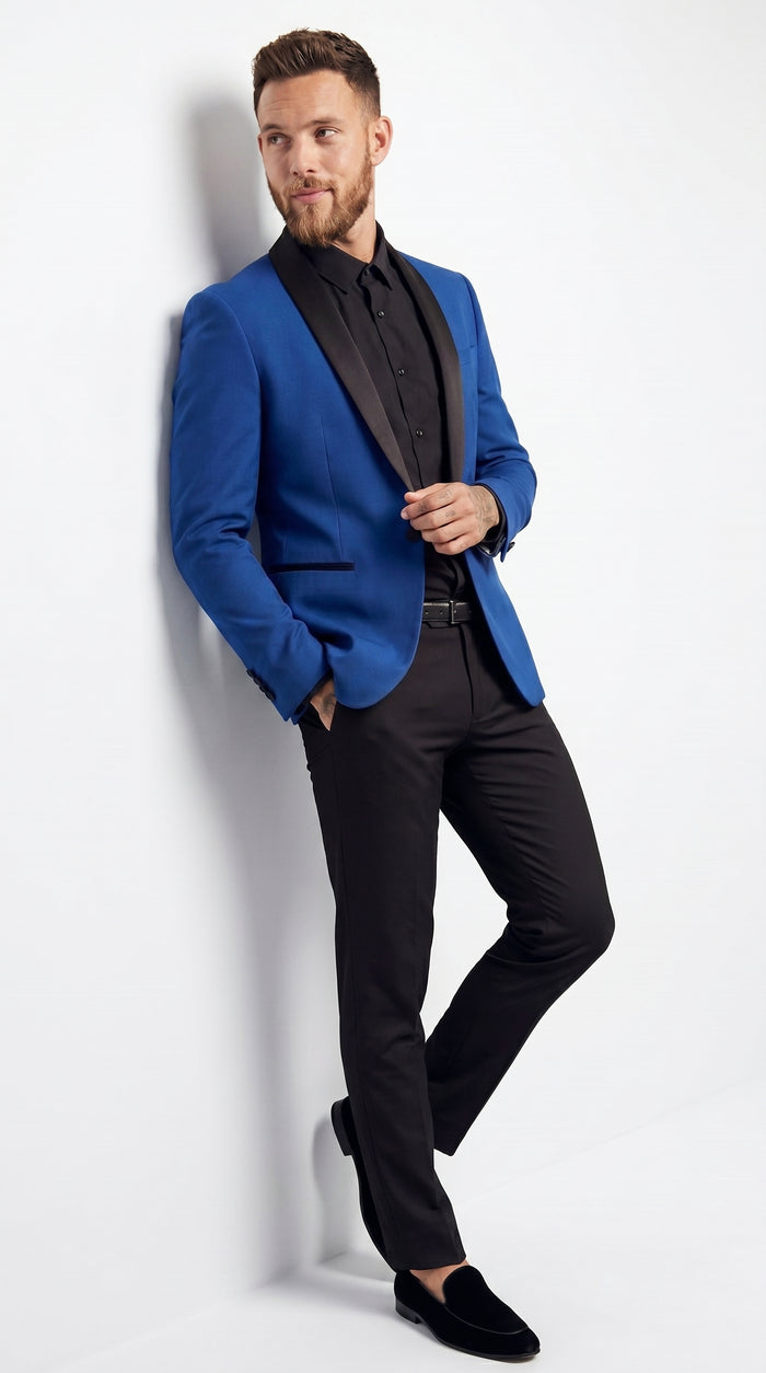 Men’s Blue 1 Button Blazer Jacket with Black Pants, Formal Party Wedding Dress Suit
