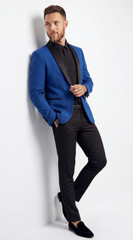 Men’s Blue 1 Button Blazer Jacket with Black Pants, Formal Party Wedding Dress Suit