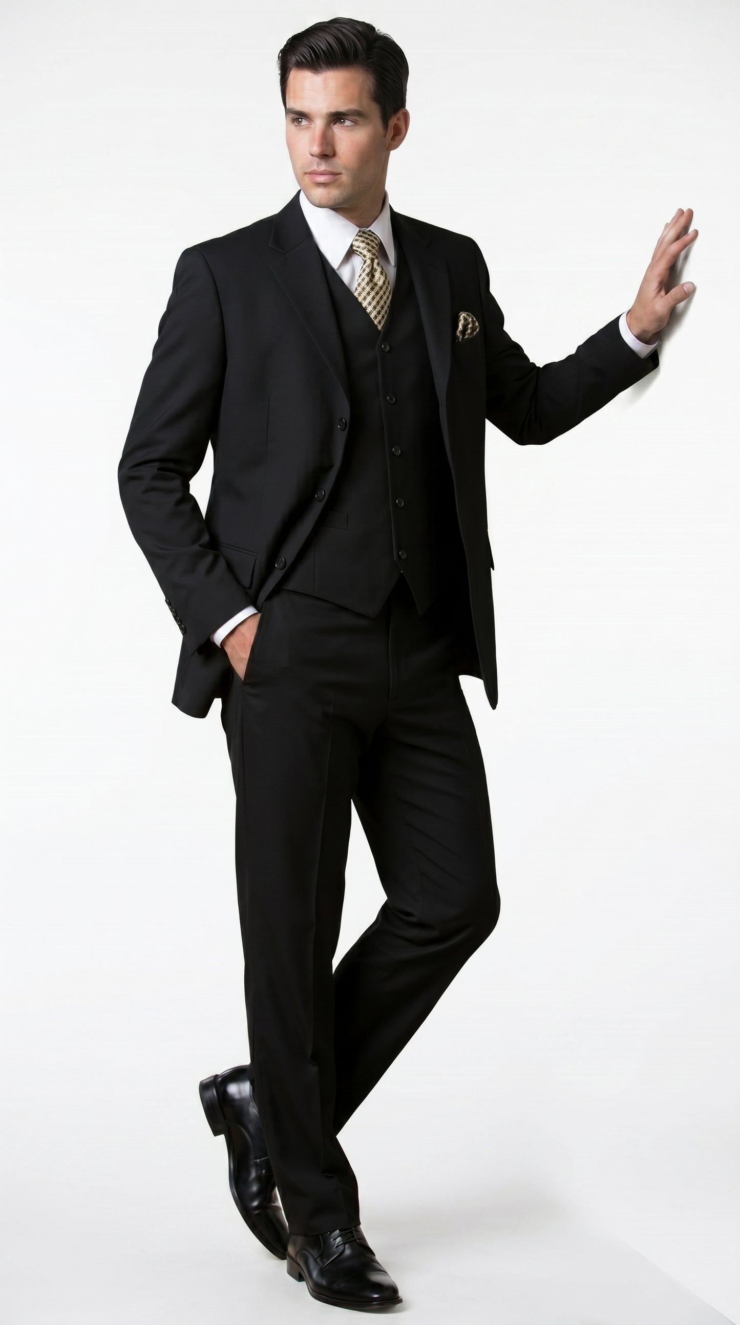 Men’s Black Three Button Poplin Suit with Classic Jacket and Pleated Pants, Formal Dress Suit
