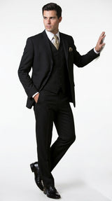 Men’s Black Three Button Poplin Suit with Classic Jacket and Pleated Pants, Formal Dress Suit