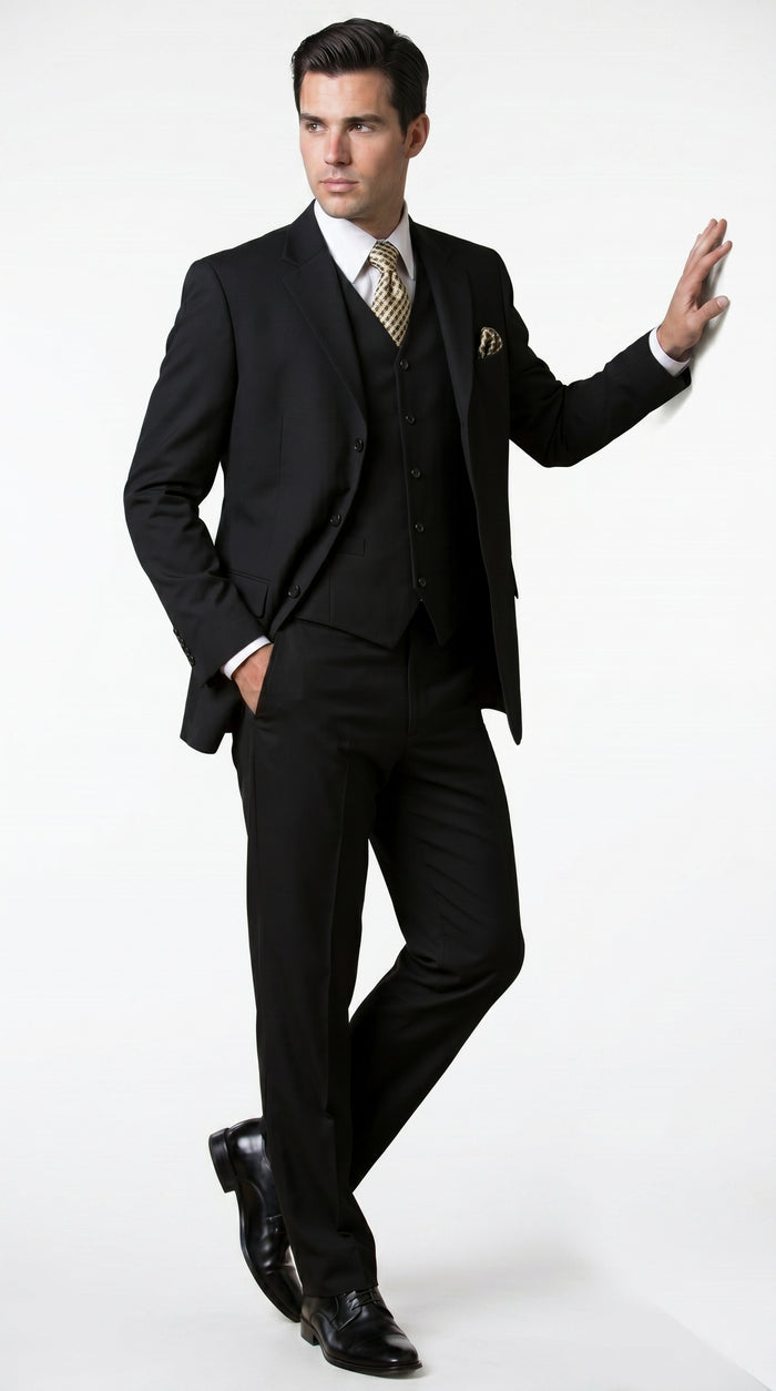 Men’s Black Three Button Poplin Suit with Classic Jacket and Pleated Pants, Formal Dress Suit