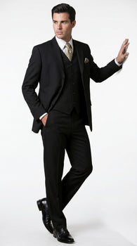 Men’s Black Three Button Poplin Suit with Classic Jacket and Pleated Pants, Formal Dress Suit