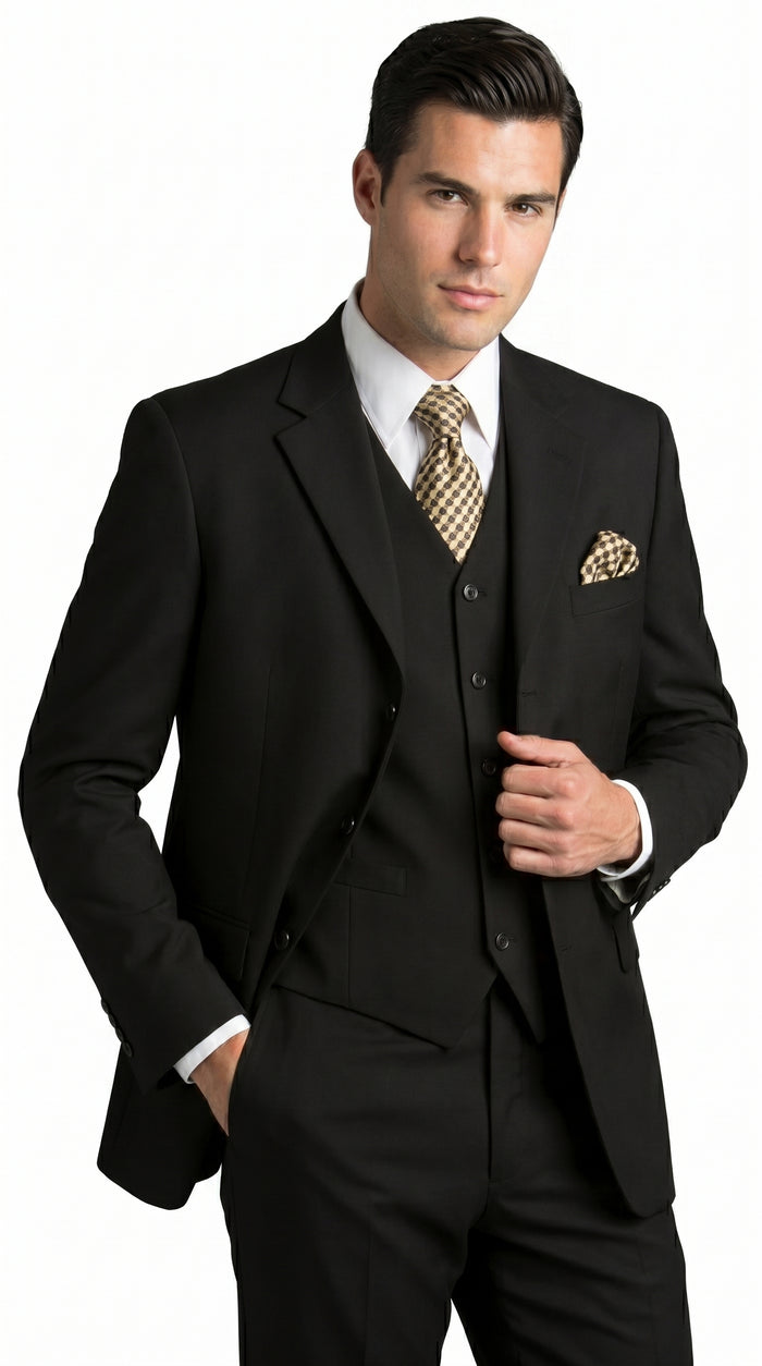 Men’s Black Three Button Poplin Suit with Classic Jacket and Pleated Pants, Formal Dress Suit
