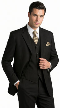 Men’s Black Three Button Poplin Suit with Classic Jacket and Pleated Pants, Formal Dress Suit