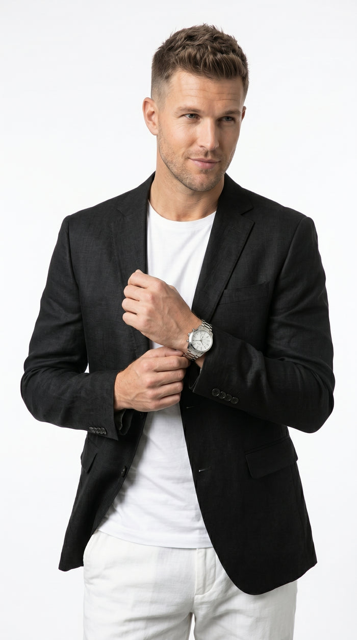 Men’s Black Lightweight Linen Blazer, Summer Business Casual Wedding Sport Coat Jacket