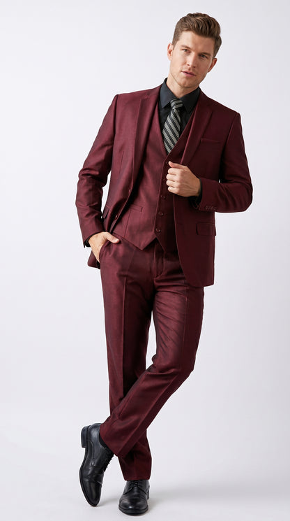 Men’s Burgundy Wine Maroon Sharkskin Vested Suit with Jacket, Vest and Pants