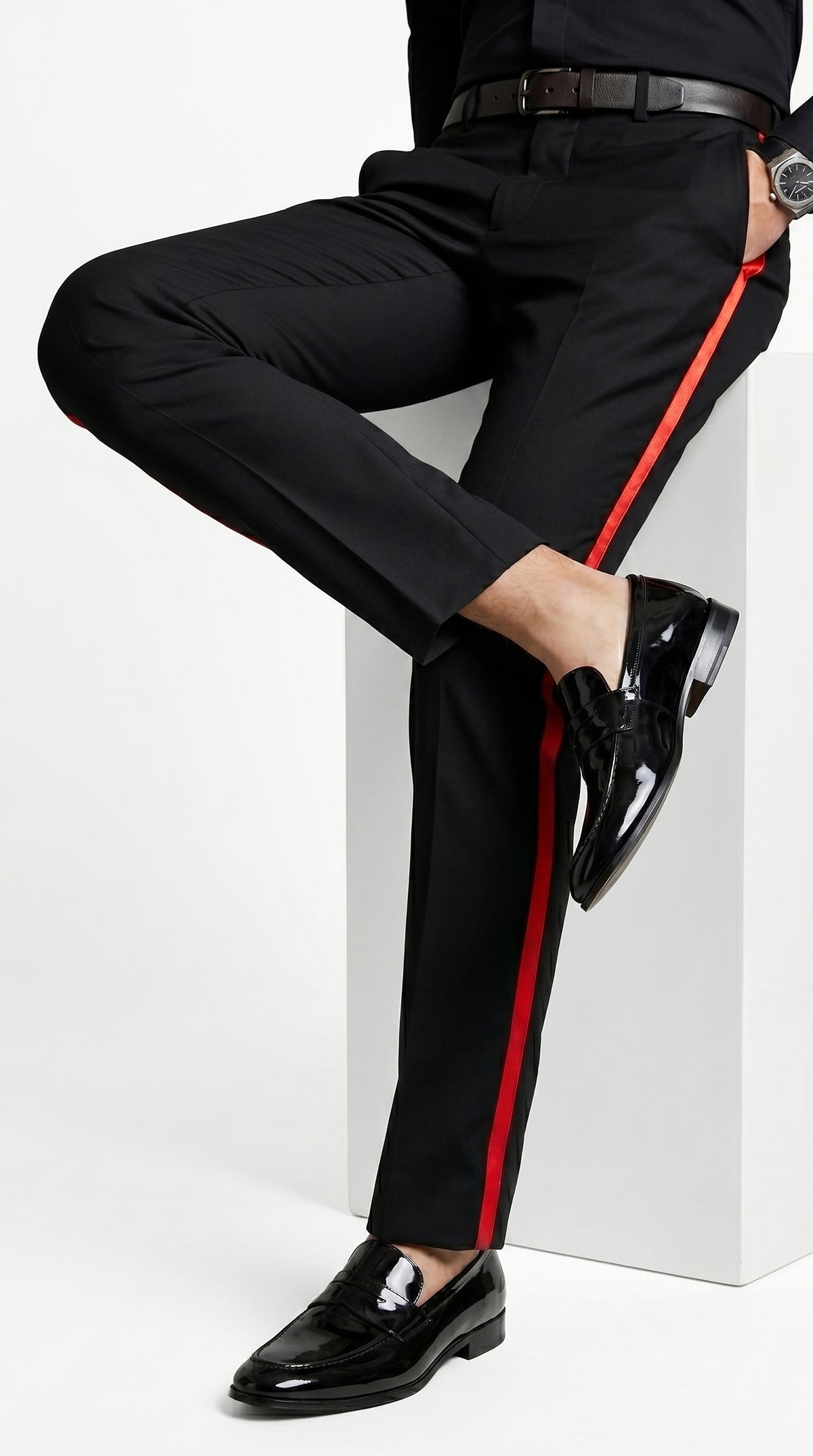 Men’s Black Tuxedo Pants with Red Satin Side Stripe, Classic Formal Slacks Unhemmed Bottom