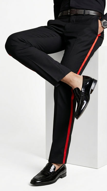 Men’s Black Tuxedo Pants with Red Satin Side Stripe, Classic Formal Slacks Unhemmed Bottom