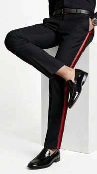 Men’s Black Tuxedo Pants with Red Satin Side Stripe, Classic Formal Slacks Unhemmed Bottom