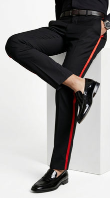 Men’s Black Tuxedo Pants with Red Satin Side Stripe, Classic Formal Slacks Unhemmed Bottom