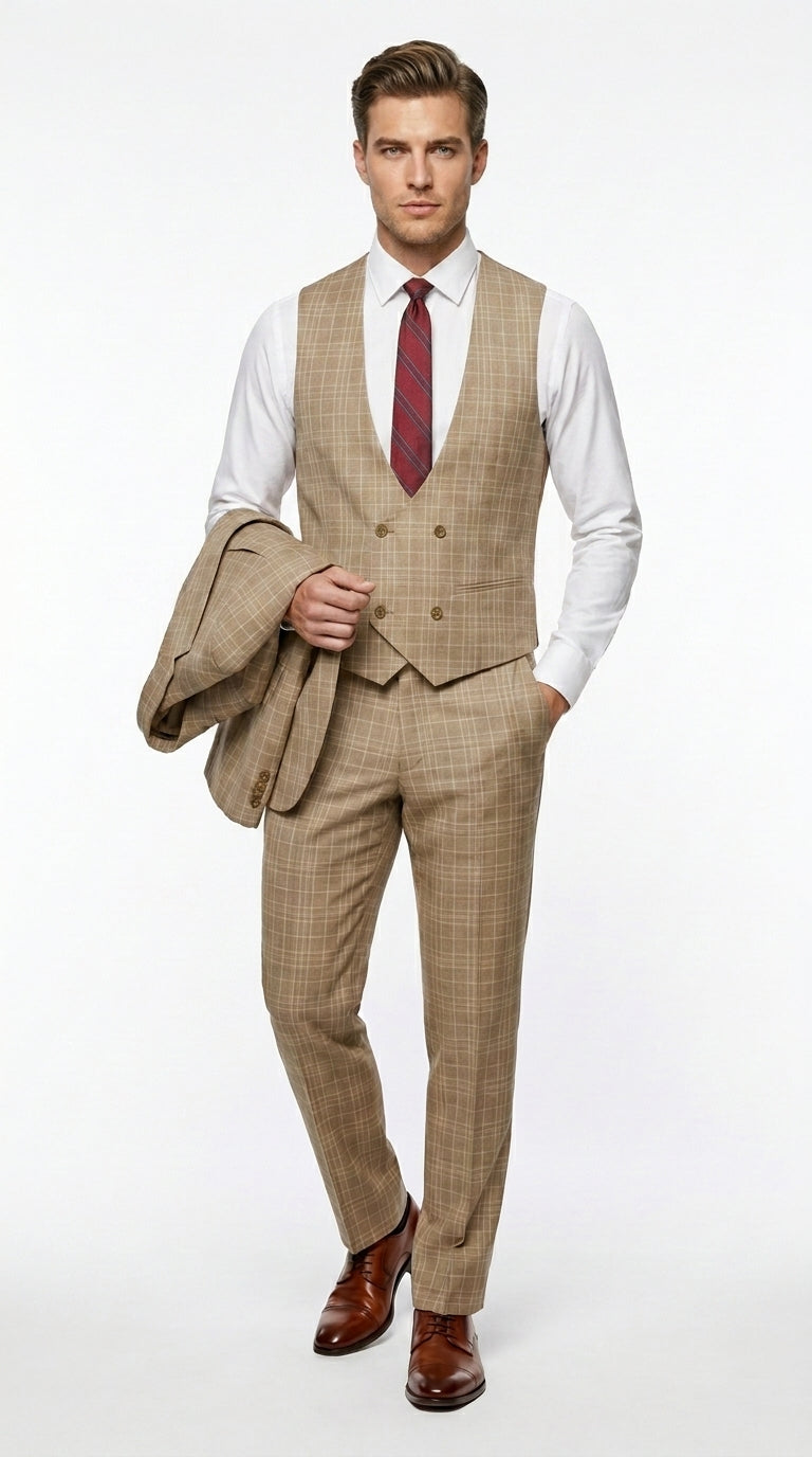 Men’s Renaissance Collection Camel 3 Piece Suit with Jacket, Vest and Pants, Formal Wedding Dress Suit