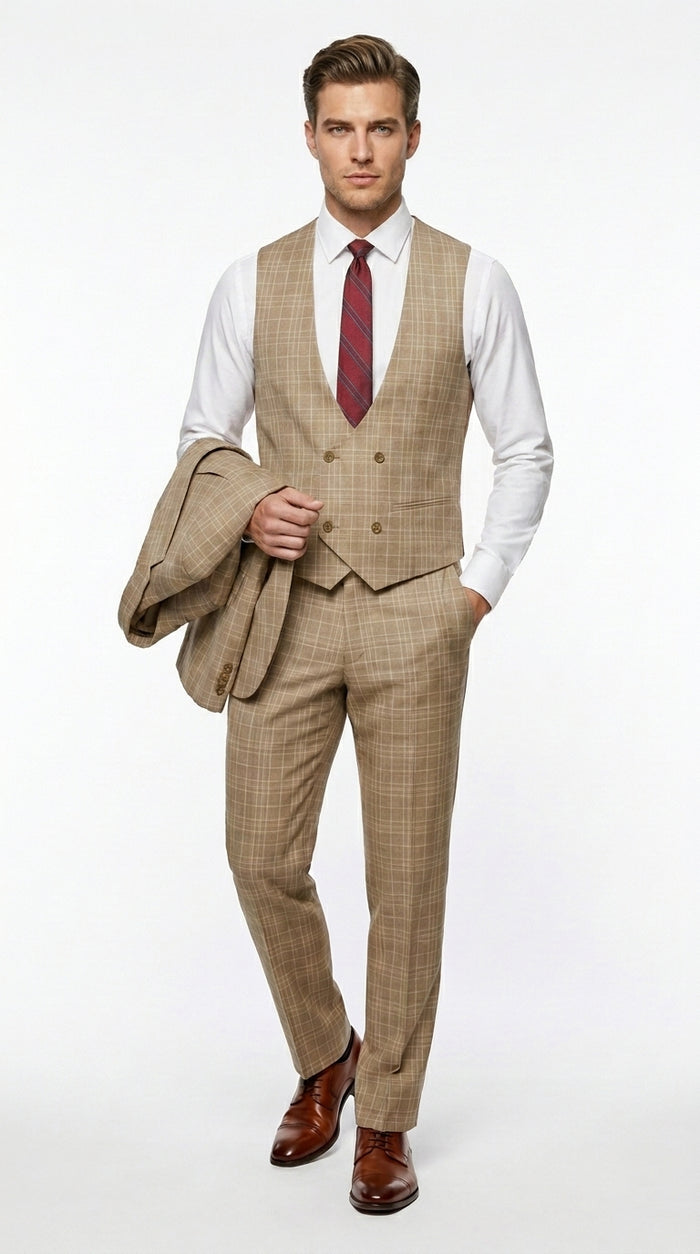 Men’s Renaissance Collection Camel 3 Piece Suit with Jacket, Vest and Pants, Formal Wedding Dress Suit