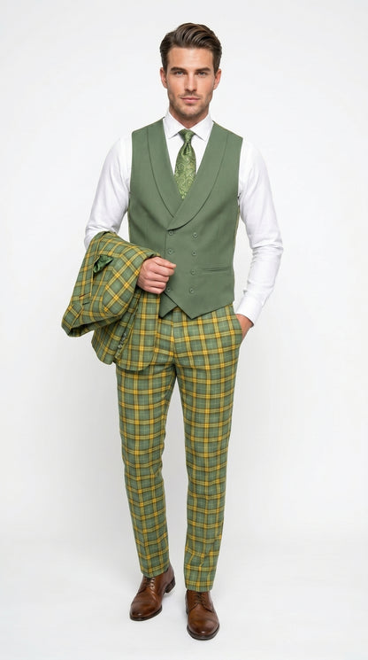 Statement - Men’s Blue and Gold Windowpane Plaid 3 Piece Wool Suit with Double Breasted Vest Modern Fit