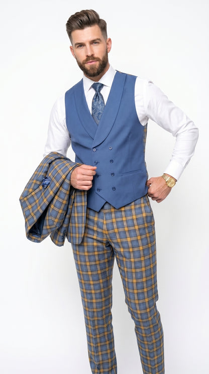 Statement - Men’s Blue and Gold Windowpane Plaid 3 Piece Wool Suit with Double Breasted Vest Modern Fit