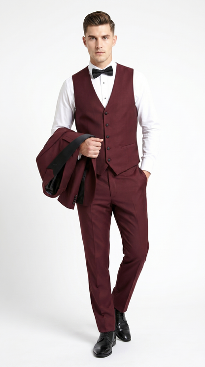 Men’s Burgundy Wine Tuxedo Suit with Black Peak Lapel, Jacket and Pants Formal Dinner Suit