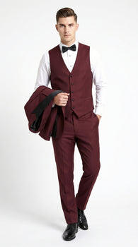 Men’s Burgundy Wine Tuxedo Suit with Black Peak Lapel, Jacket and Pants Formal Dinner Suit