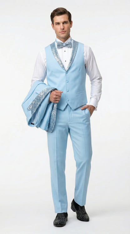 Men’s Baby Blue Prom Tuxedo with Vested Suit, Rhinestone Sequin Lapel and Matching Pants