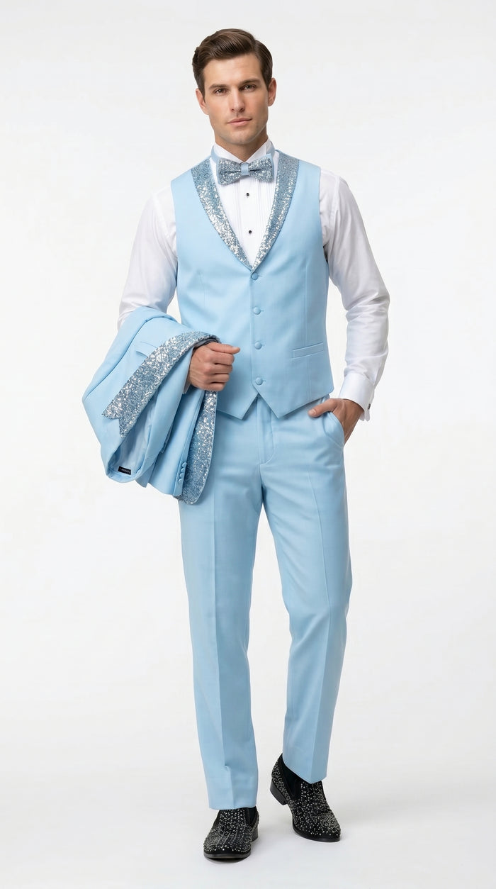Men’s Baby Blue Prom Tuxedo with Vested Suit, Rhinestone Sequin Lapel and Matching Pants