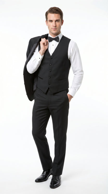 Men’s Black 2 Button Classic Vested Wedding Tuxedo with Satin Lapel and Matching Pants