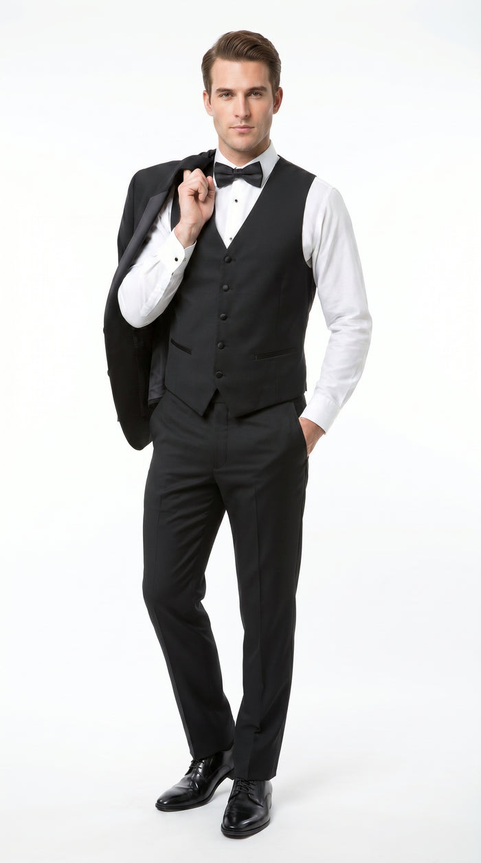 Men’s Black 2 Button Classic Vested Wedding Tuxedo with Satin Lapel and Matching Pants
