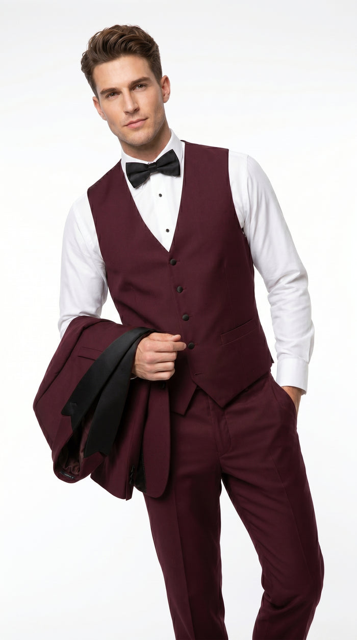 Men’s Burgundy Vested Wedding Tuxedo, One Button Jacket with Black Peak Lapel and Matching Pants