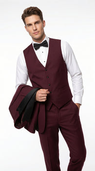 Men’s Burgundy Vested Wedding Tuxedo, One Button Jacket with Black Peak Lapel and Matching Pants