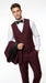 Men’s Burgundy Vested Wedding Tuxedo, One Button Jacket with Black Peak Lapel and Matching Pants