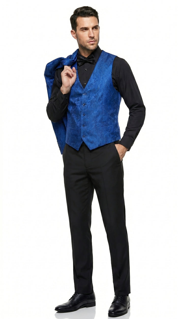 Men’s Royal Blue Indigo Paisley Prom Tuxedo Suit with Floral Jacket, Vest and Pants