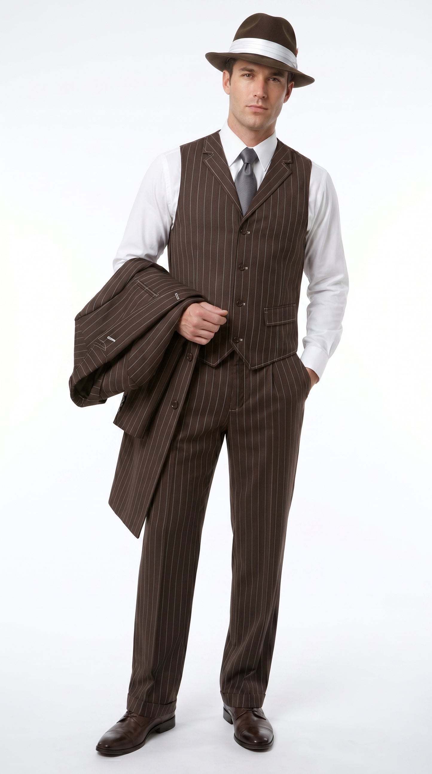 Men’s Brown Pinstripe Zoot Suit with 3 Button Jacket, Vest and Wide Leg Pants, 1920s Gangster Suit