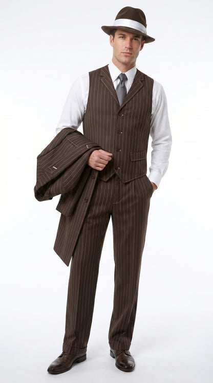 Men’s Brown Pinstripe Zoot Suit with 3 Button Jacket, Vest and Wide Leg Pants, 1920s Gangster Suit