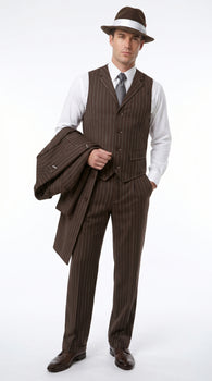 Men’s Brown Pinstripe Zoot Suit with 3 Button Jacket, Vest and Wide Leg Pants, 1920s Gangster Suit