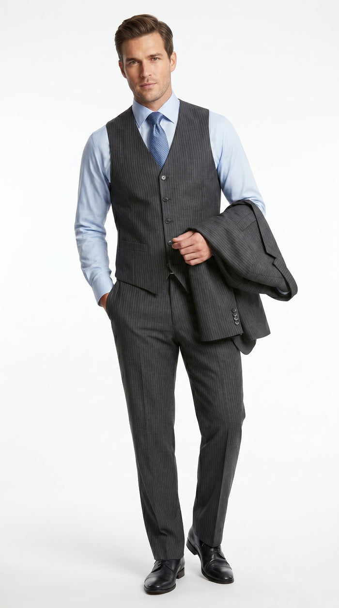 Men’s Charcoal Gray Pinstripe 3 Piece Vested Suit with 2 or 3 Button Jacket, Formal Dress Suit