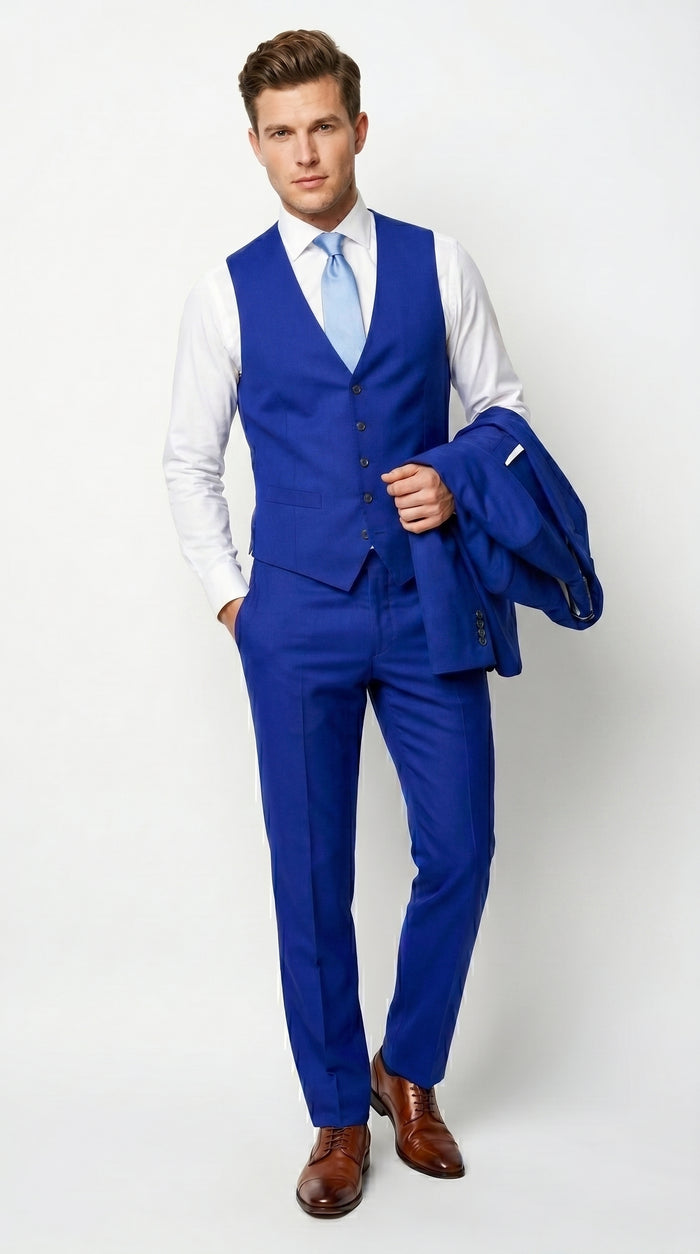 Men’s Electric Royal Blue Suit with Two Flap Front Pockets, Formal Wedding Prom Dress Suit