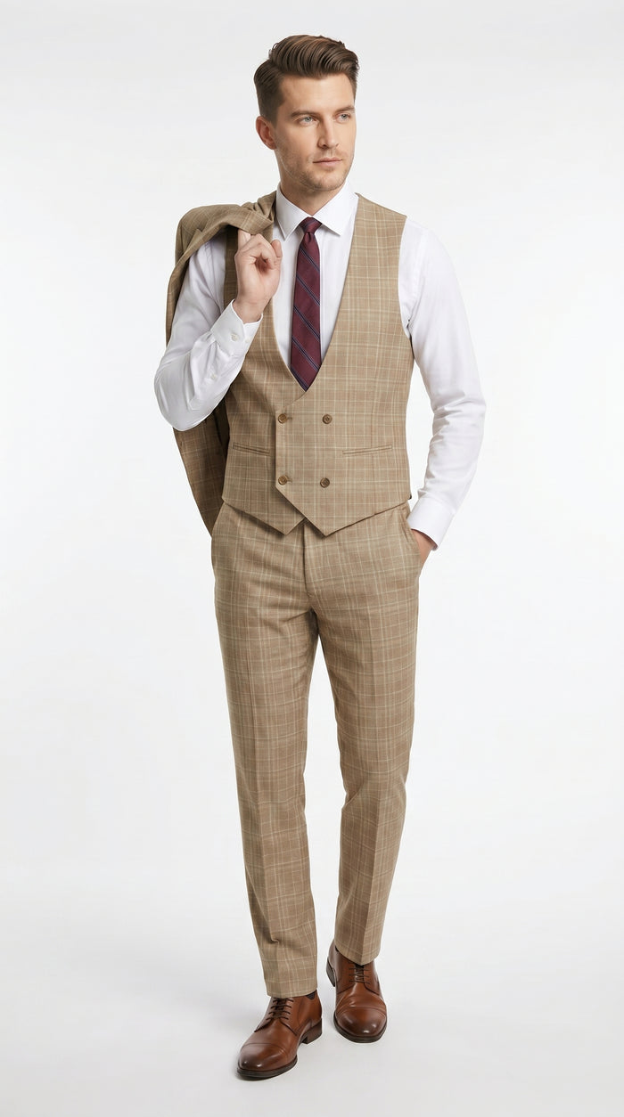 Men’s Camel Plaid Windowpane Vested Suit with 2 Button Jacket, Peak Lapel and Matching Pants Modern Fit