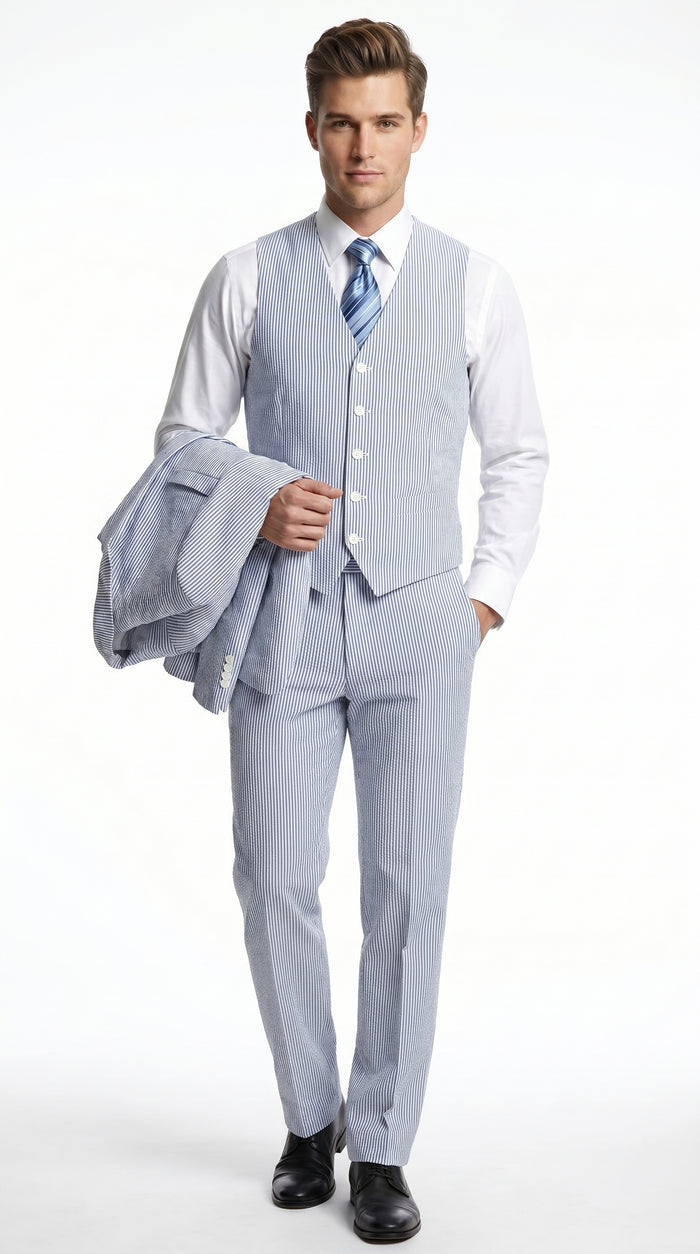 Men’s Light Blue Seersucker Suit with Jacket, Vest and Pants, High Quality Summer Dress Suit