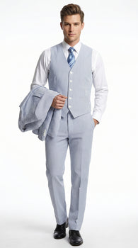 Men’s Light Blue Seersucker Suit with Jacket, Vest and Pants, High Quality Summer Dress Suit